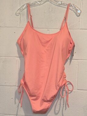 Shade & Shore one piece swimsuit pink ribbed adjustable drawstrings size XL 16